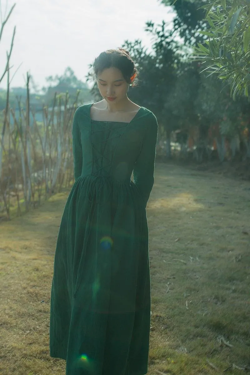 Elsie Vintage Pastoral Style Green Cotton And Linen Long Dress Medieval Retro Elegant Slim Bandage Dresses