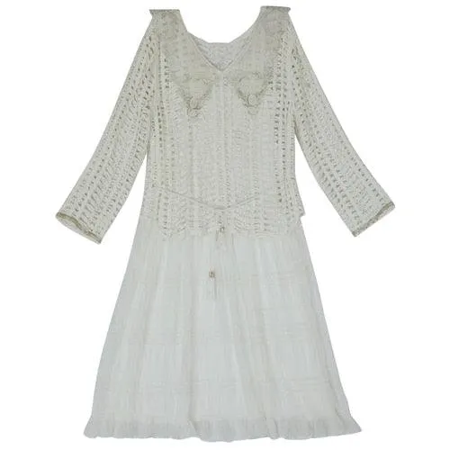 Elsie White Dress Women Mori Girls Elegant Sexy V-Neck Handmade Hollow Out Beadings Embroidery Long Dress