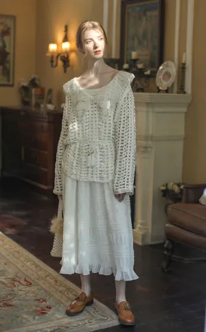 Elsie White Dress Women Mori Girls Elegant Sexy V-Neck Handmade Hollow Out Beadings Embroidery Long Dress