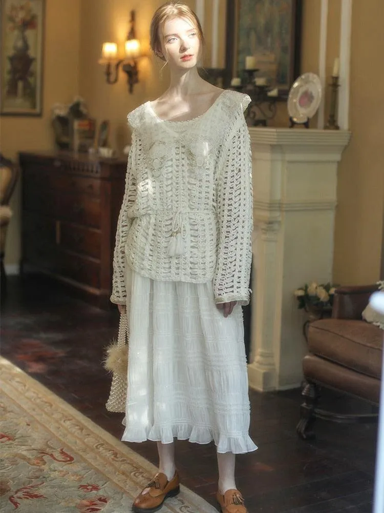 Elsie White Dress Women Mori Girls Elegant Sexy V-Neck Handmade Hollow Out Beadings Embroidery Long Dress