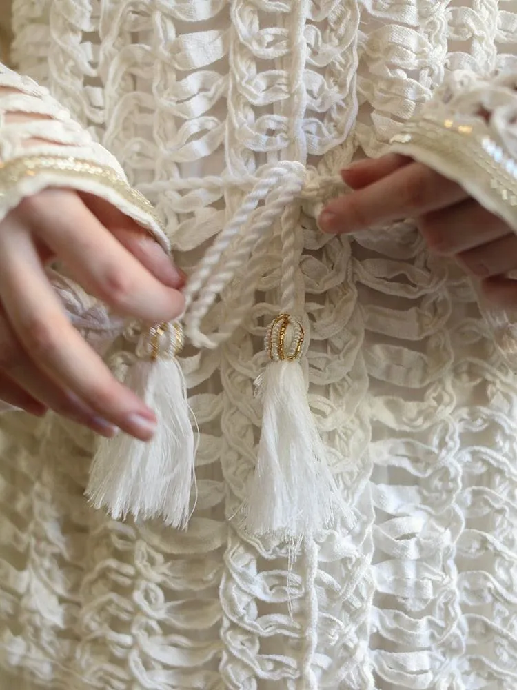 Elsie White Dress Women Mori Girls Elegant Sexy V-Neck Handmade Hollow Out Beadings Embroidery Long Dress