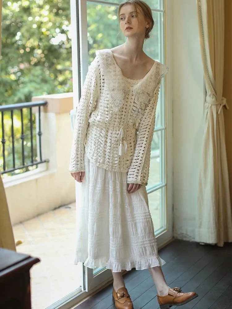 Elsie White Dress Women Mori Girls Elegant Sexy V-Neck Handmade Hollow Out Beadings Embroidery Long Dress