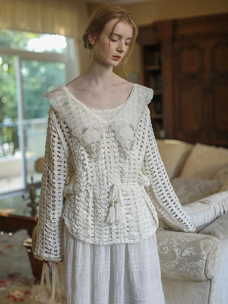 Elsie White Dress Women Mori Girls Elegant Sexy V-Neck Handmade Hollow Out Beadings Embroidery Long Dress
