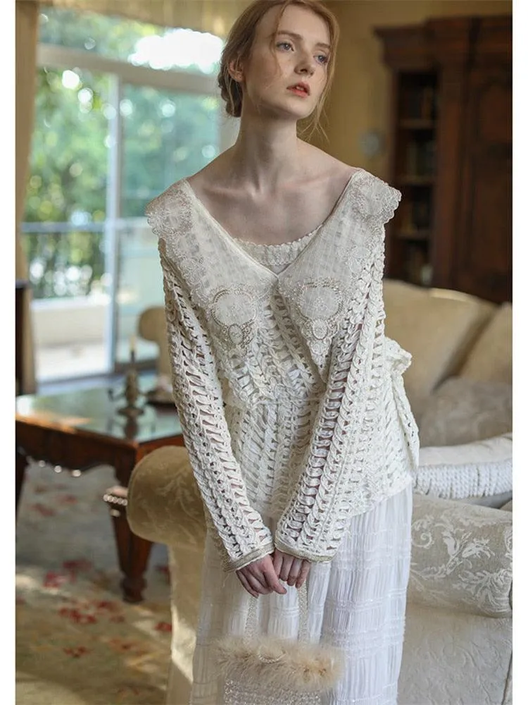 Elsie White Dress Women Mori Girls Elegant Sexy V-Neck Handmade Hollow Out Beadings Embroidery Long Dress