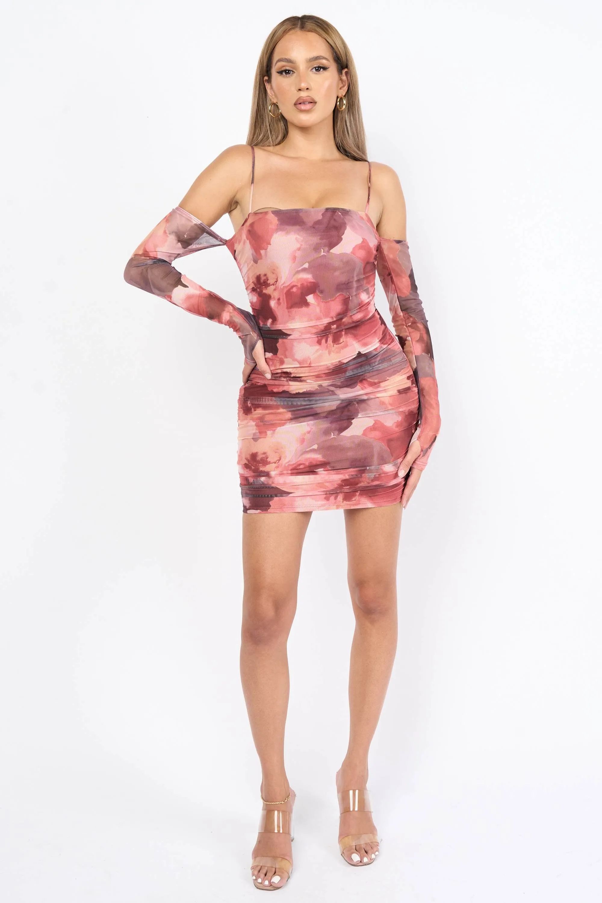 FLORAL PRINT MESH LONG SLEEVES BODYCON MINI DRESS