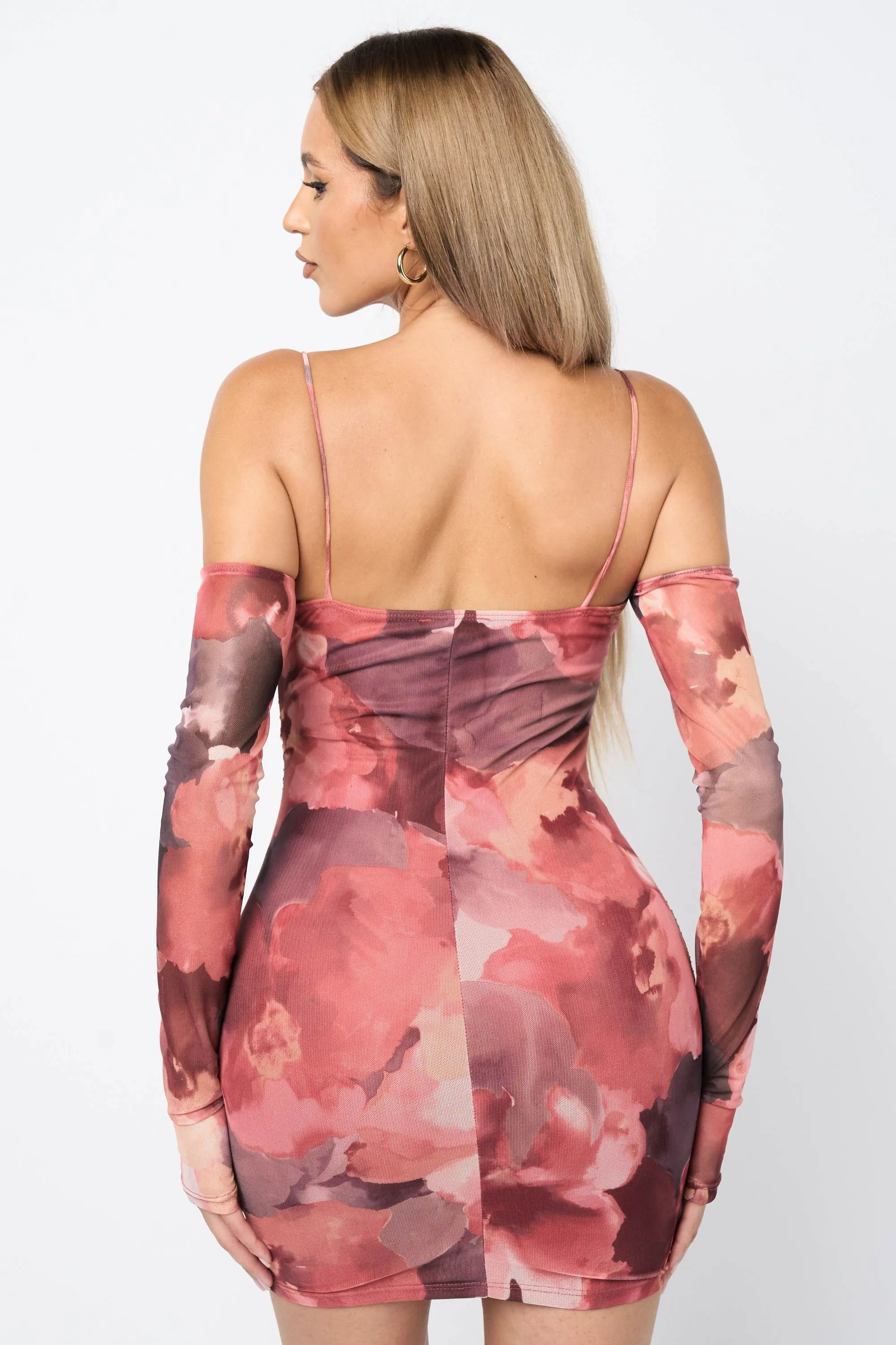 FLORAL PRINT MESH LONG SLEEVES BODYCON MINI DRESS