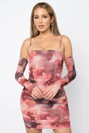 FLORAL PRINT MESH LONG SLEEVES BODYCON MINI DRESS