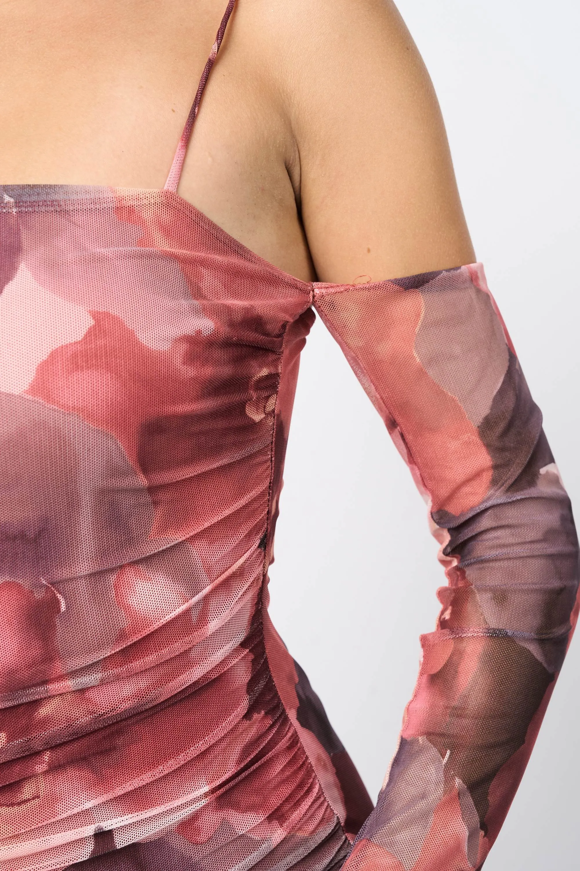 FLORAL PRINT MESH LONG SLEEVES BODYCON MINI DRESS