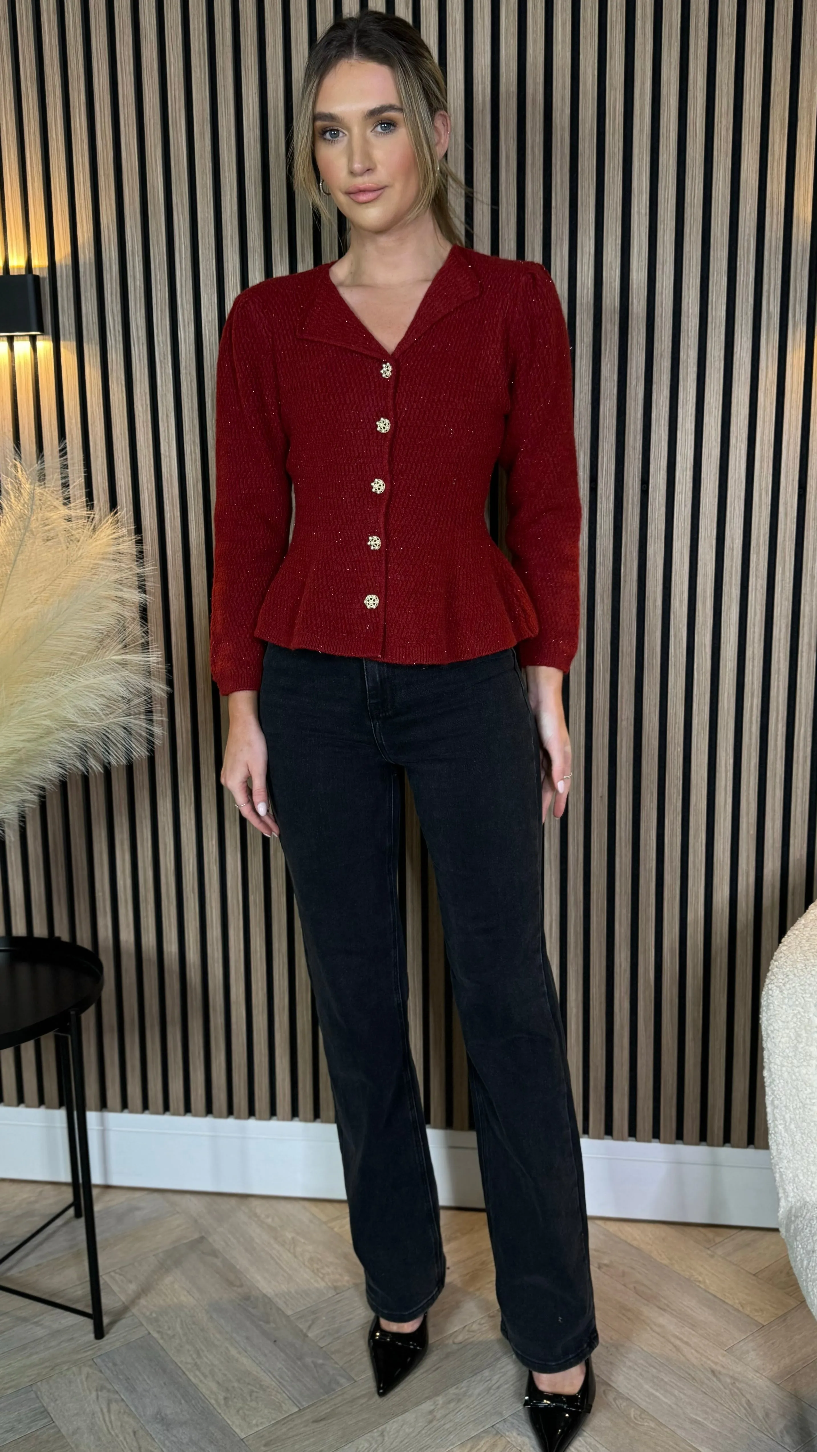 Francie Burgundy Pearl Button Detail Knit Cardigan