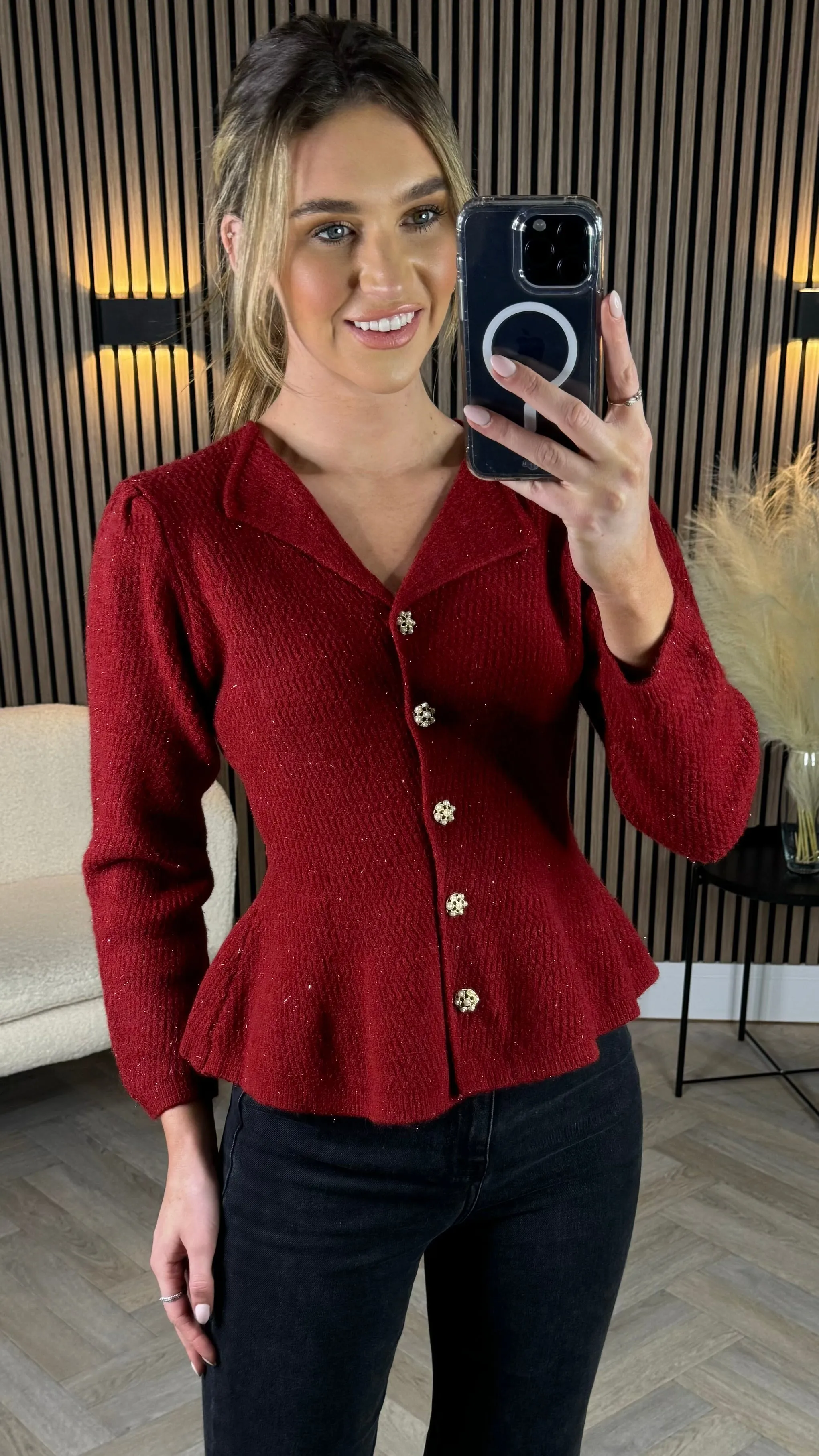 Francie Burgundy Pearl Button Detail Knit Cardigan
