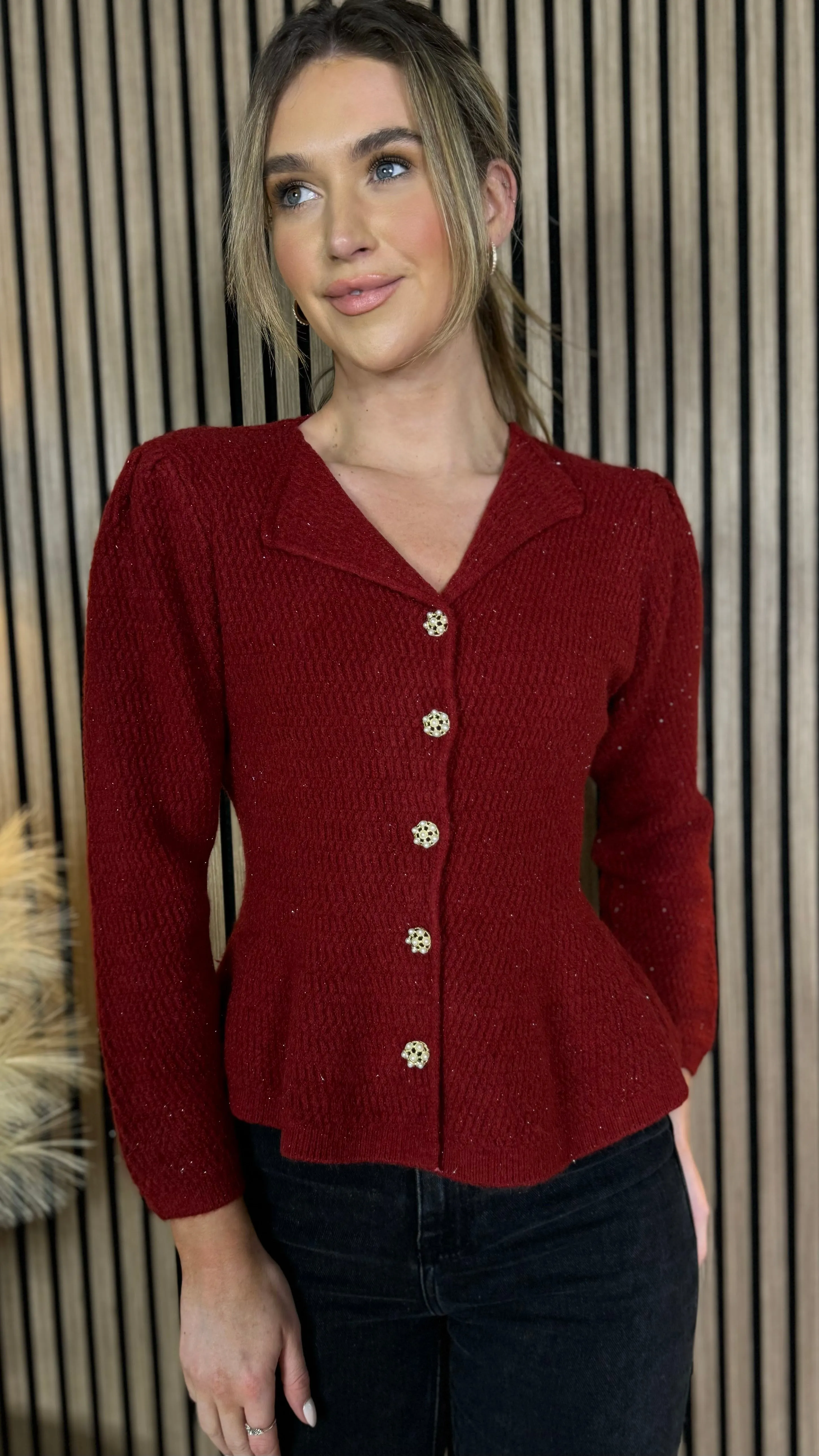 Francie Burgundy Pearl Button Detail Knit Cardigan