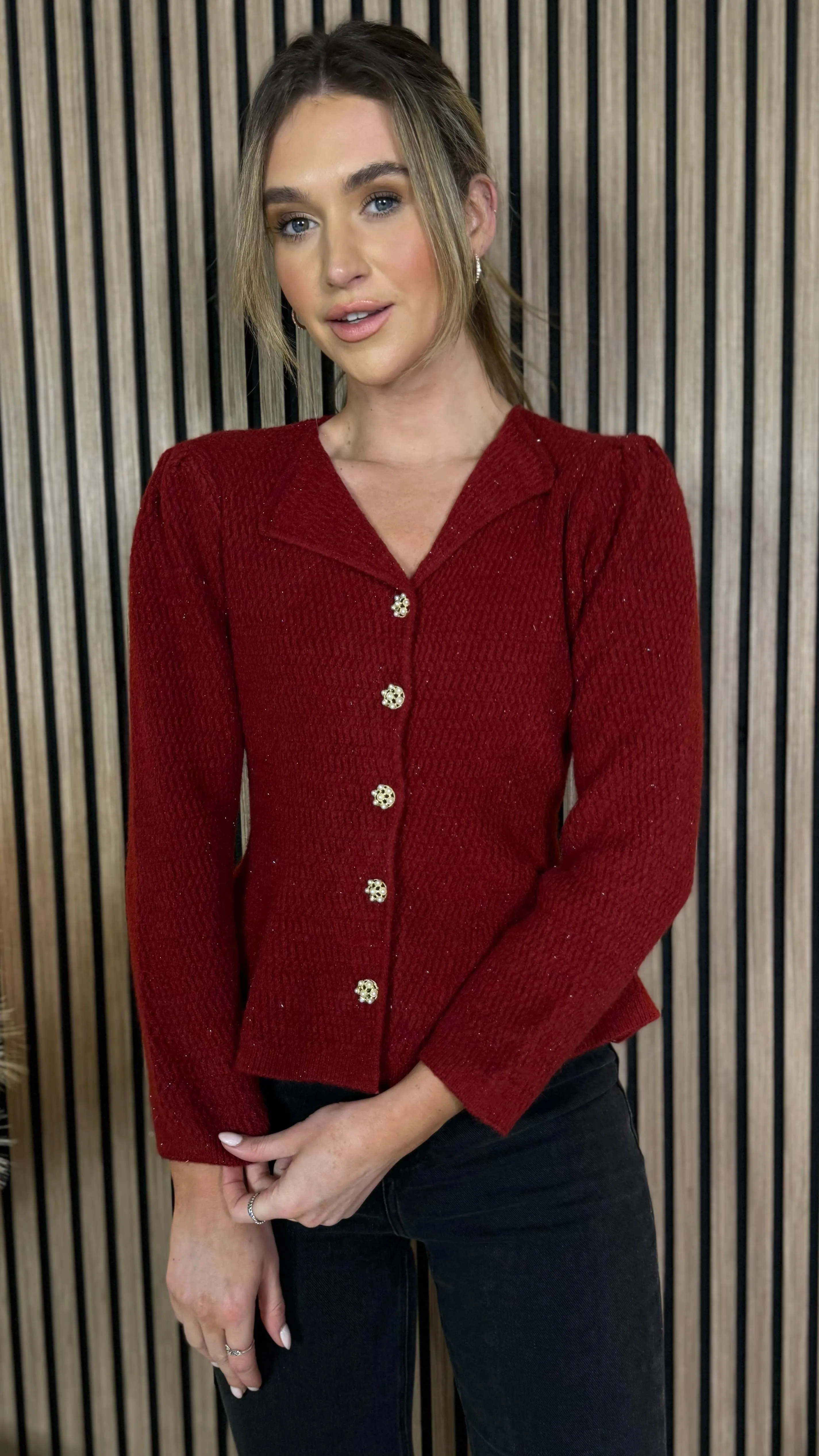 Francie Burgundy Pearl Button Detail Knit Cardigan