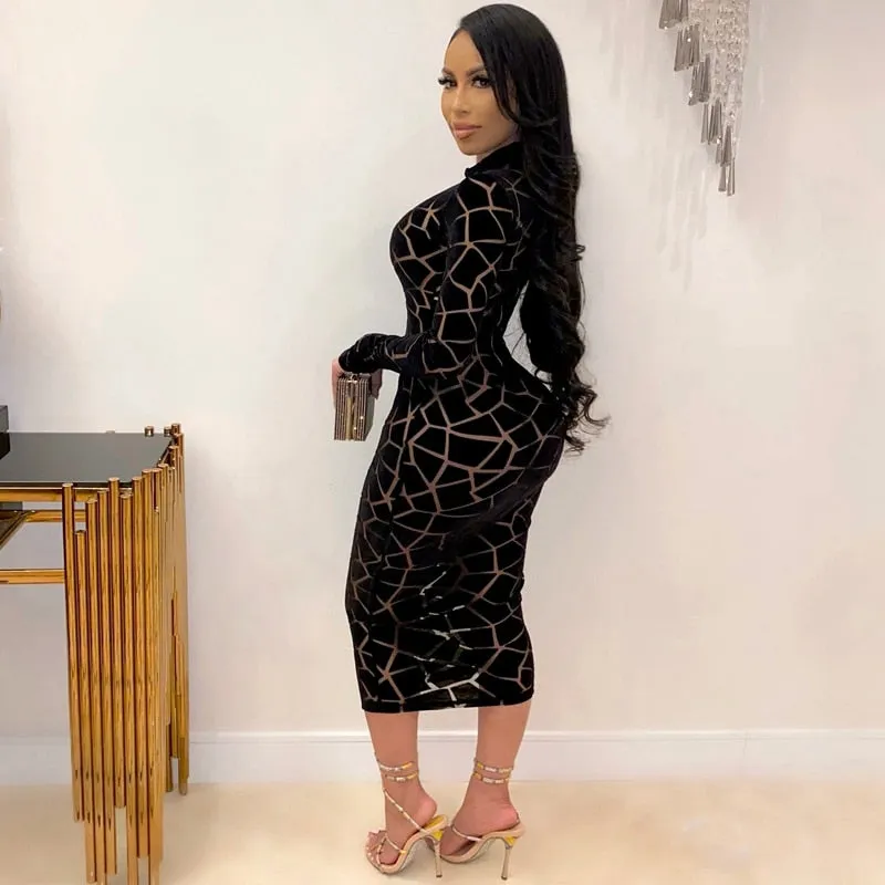 Geometric Print Black Bodycon Mesh Dress