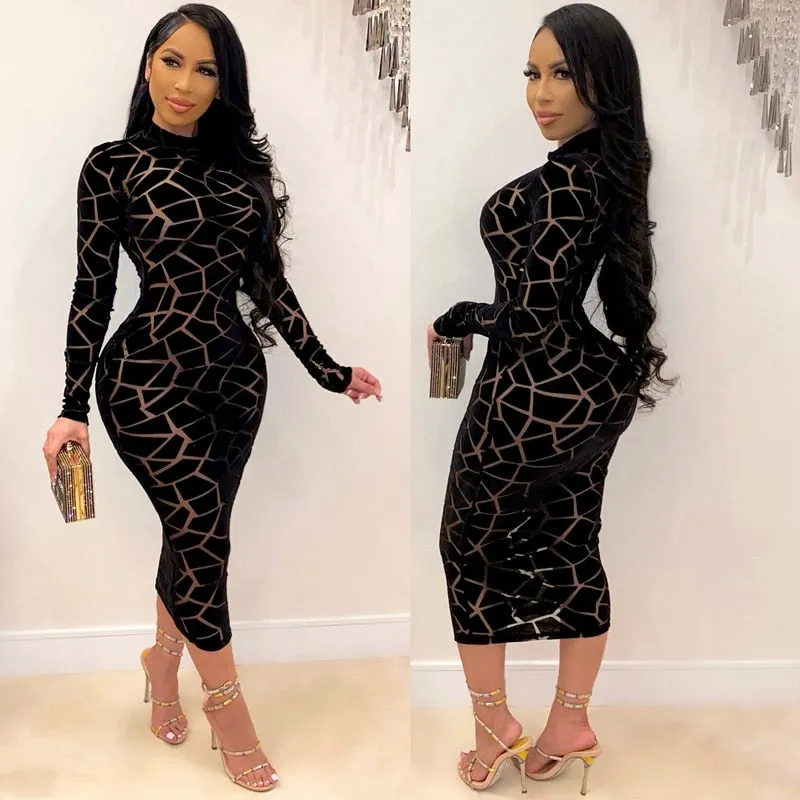 Geometric Print Black Bodycon Mesh Dress