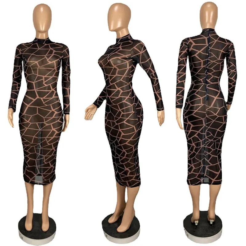 Geometric Print Black Bodycon Mesh Dress
