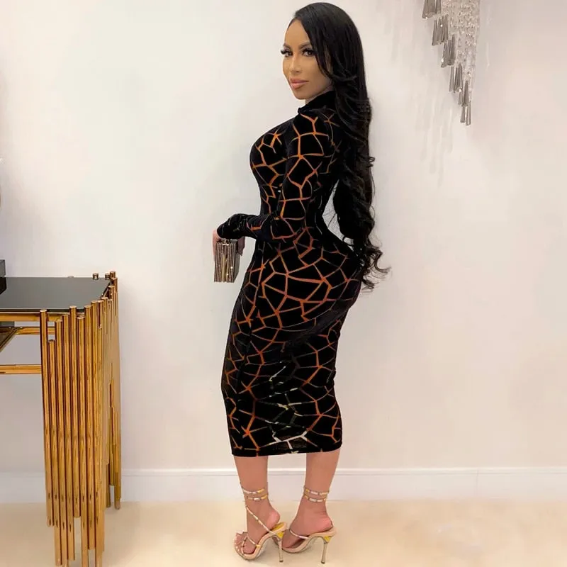 Geometric Print Black Bodycon Mesh Dress