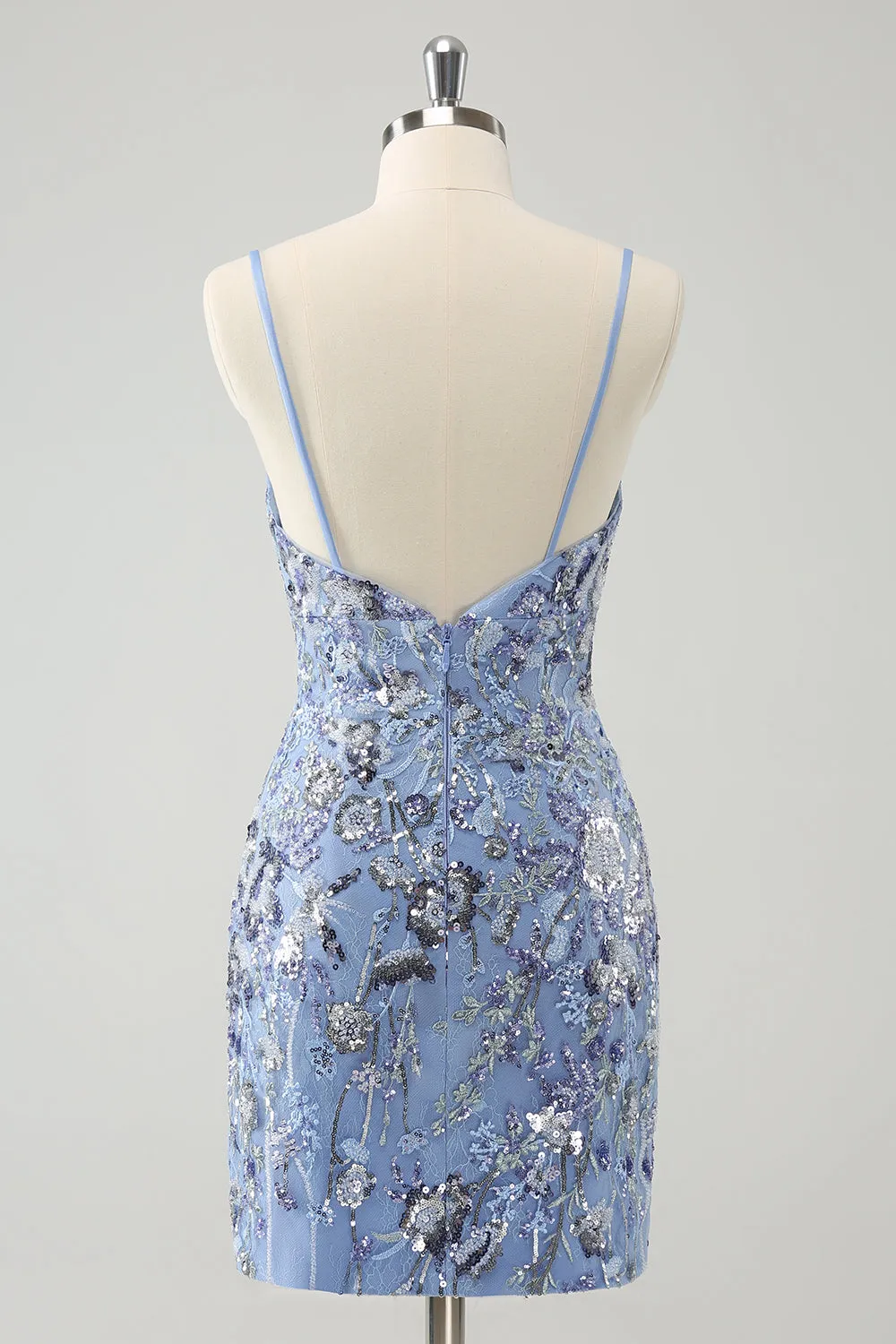 Grey Blue Spaghetti Straps Short Tight Homecoming Dress with Appliqued Sequins