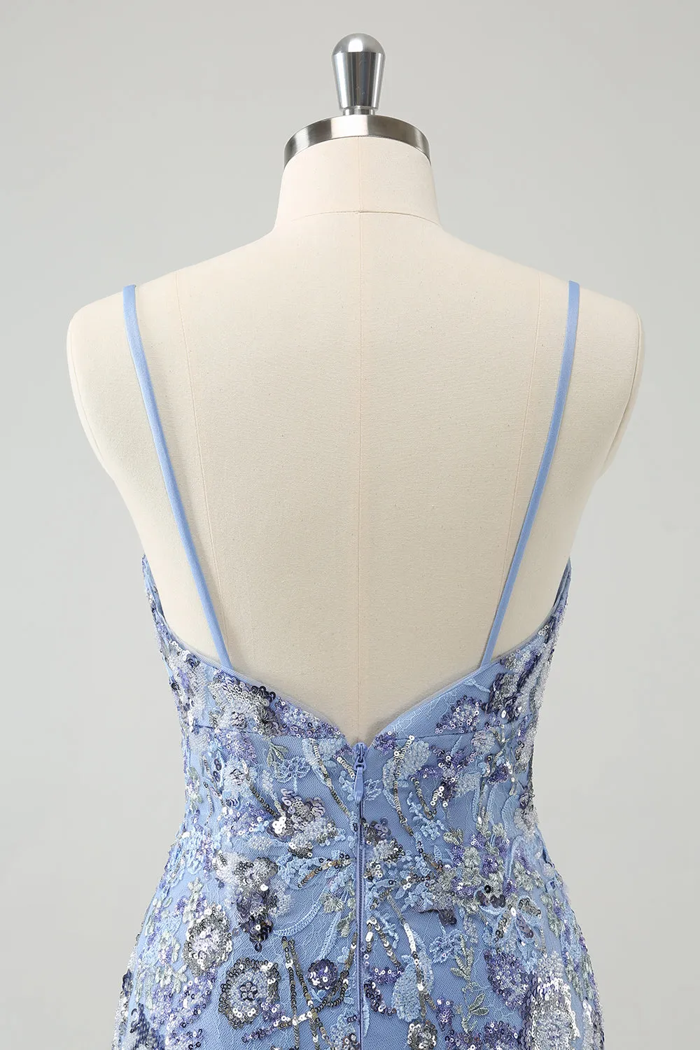 Grey Blue Spaghetti Straps Short Tight Homecoming Dress with Appliqued Sequins