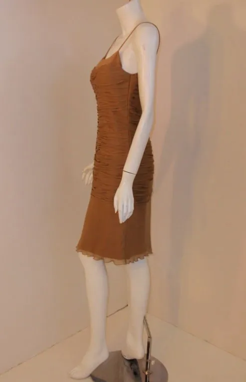 JAMES GALANOS 1990s Caramel Ruched Chiffon Cocktail Dress