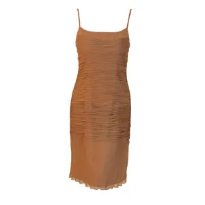 JAMES GALANOS 1990s Caramel Ruched Chiffon Cocktail Dress