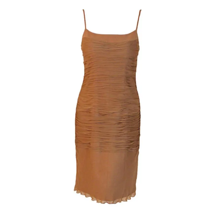 JAMES GALANOS 1990s Caramel Ruched Chiffon Cocktail Dress