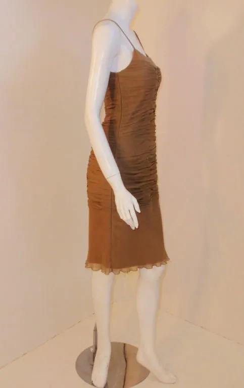 JAMES GALANOS 1990s Caramel Ruched Chiffon Cocktail Dress