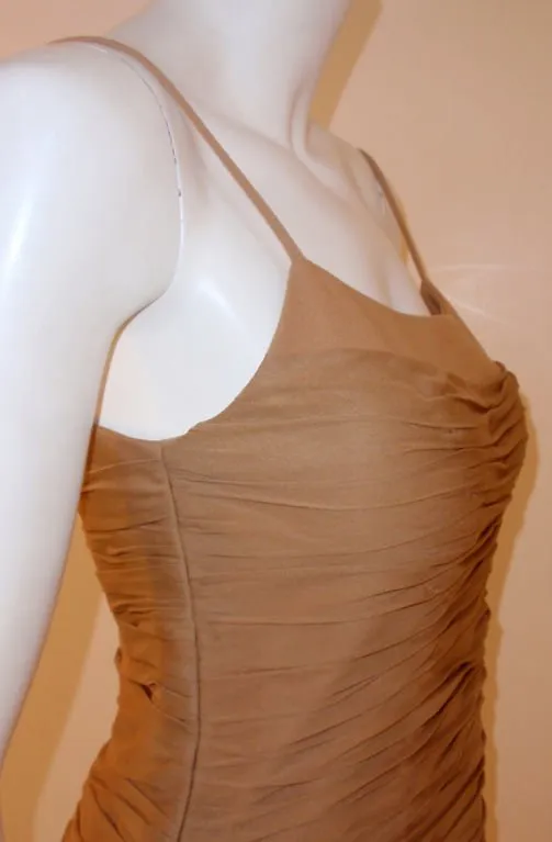 JAMES GALANOS 1990s Caramel Ruched Chiffon Cocktail Dress