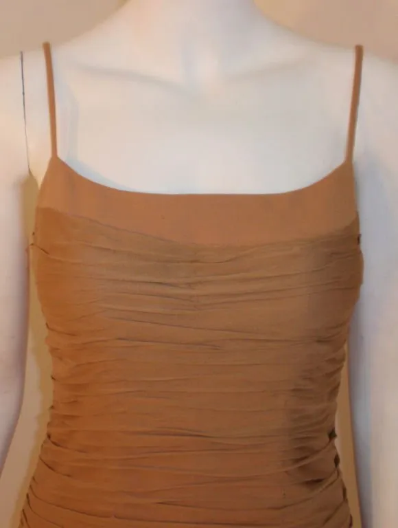 JAMES GALANOS 1990s Caramel Ruched Chiffon Cocktail Dress