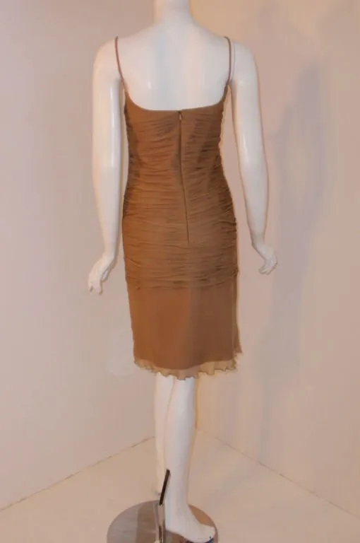 JAMES GALANOS 1990s Caramel Ruched Chiffon Cocktail Dress