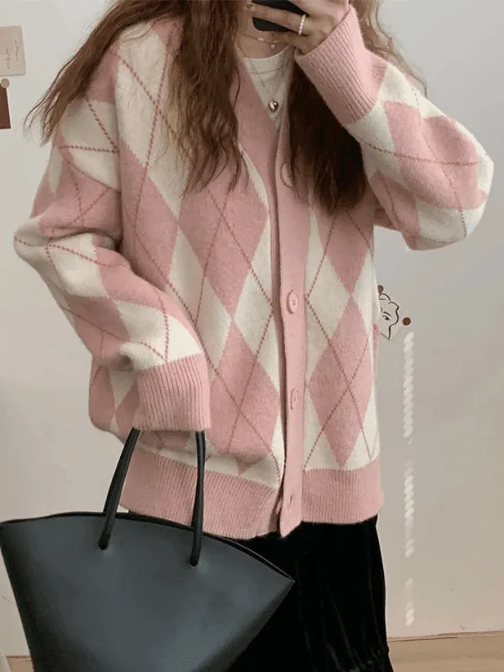 Joskaa V Neck Argyle Pattern Knit Cardigan