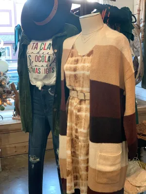 Khaki & brown color block cardigan