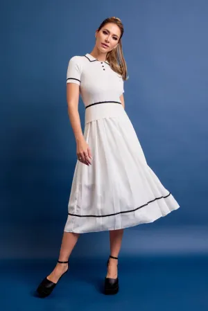 Knit Sleeveless Midi Dress Pleated Woven Skirt WHITE