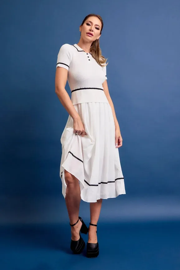 Knit Sleeveless Midi Dress Pleated Woven Skirt WHITE