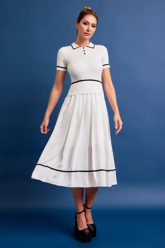 Knit Sleeveless Midi Dress Pleated Woven Skirt WHITE
