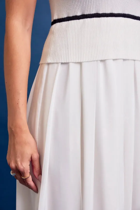 Knit Sleeveless Midi Dress Pleated Woven Skirt WHITE
