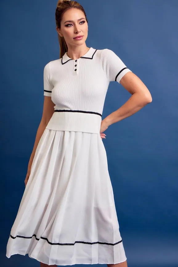 Knit Sleeveless Midi Dress Pleated Woven Skirt WHITE