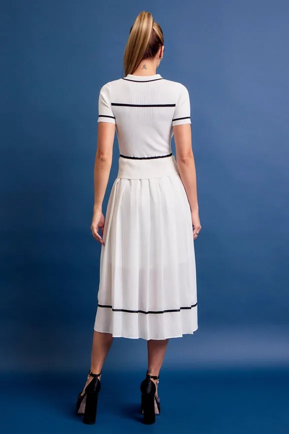 Knit Sleeveless Midi Dress Pleated Woven Skirt WHITE