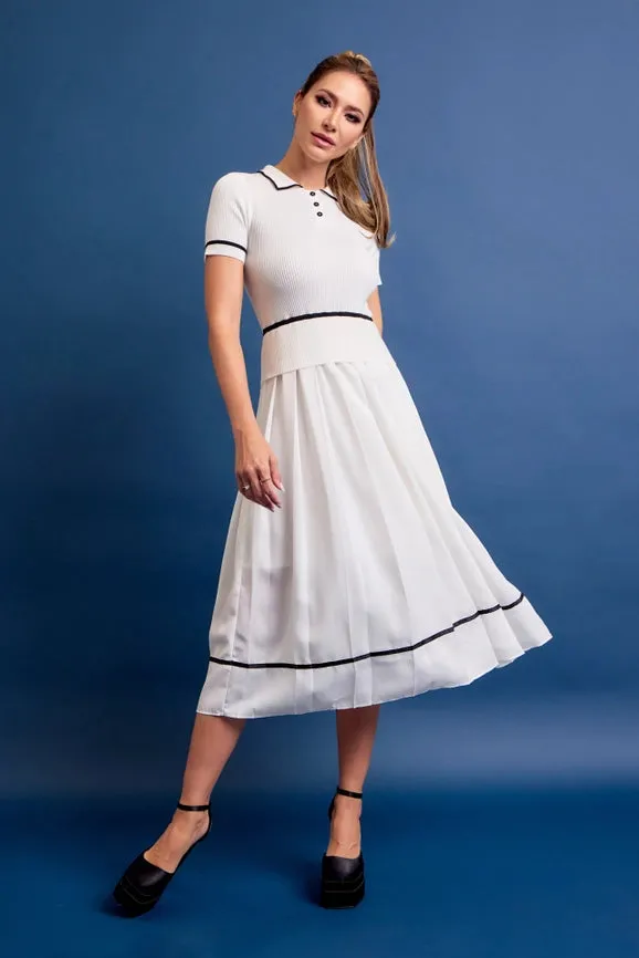 Knit Sleeveless Midi Dress Pleated Woven Skirt WHITE