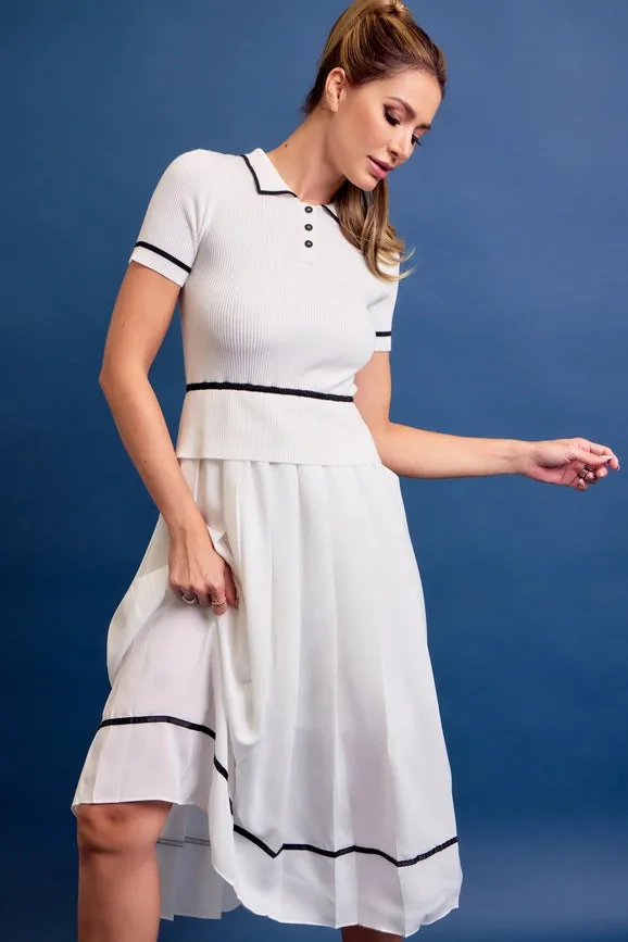 Knit Sleeveless Midi Dress Pleated Woven Skirt WHITE