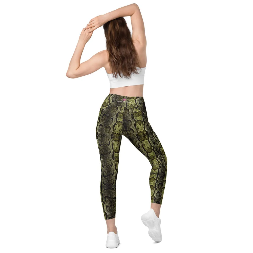 Light Green Snake Tights, Women's 7/8 Leggings With 2 Side Pockets - Made in USA/EU/MX