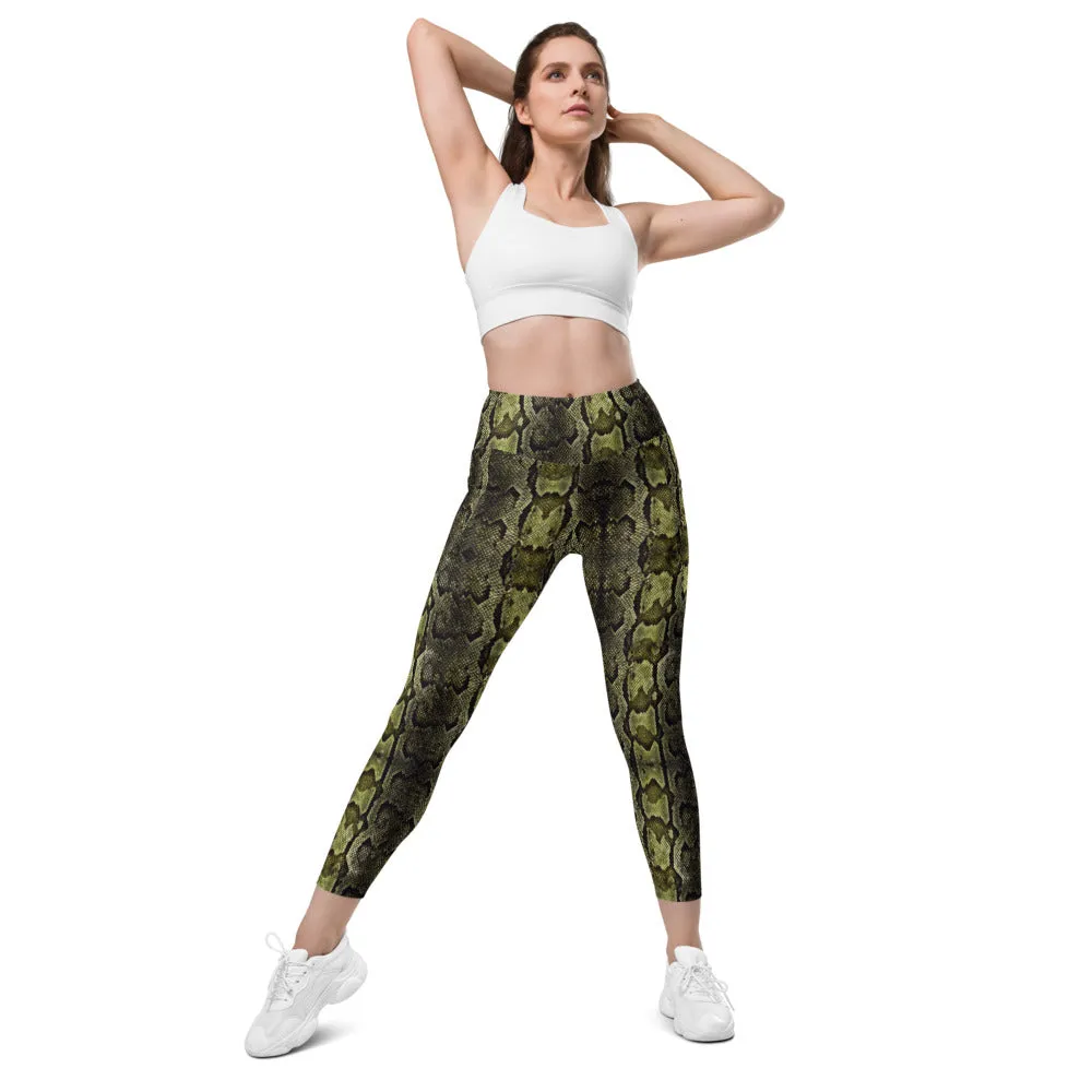 Light Green Snake Tights, Women's 7/8 Leggings With 2 Side Pockets - Made in USA/EU/MX