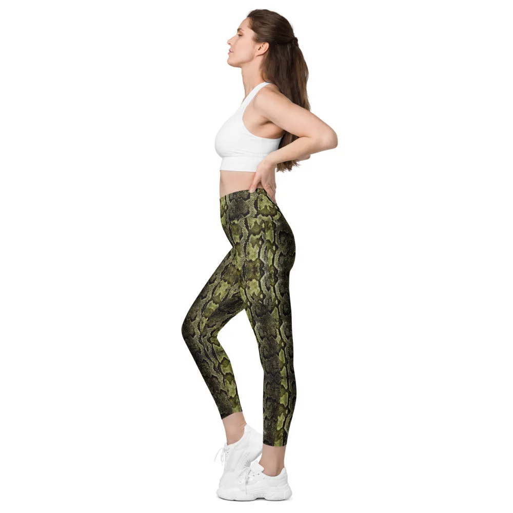 Light Green Snake Tights, Women's 7/8 Leggings With 2 Side Pockets - Made in USA/EU/MX