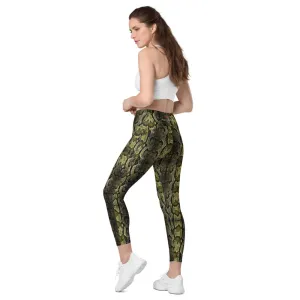 Light Green Snake Tights, Women's 7/8 Leggings With 2 Side Pockets - Made in USA/EU/MX
