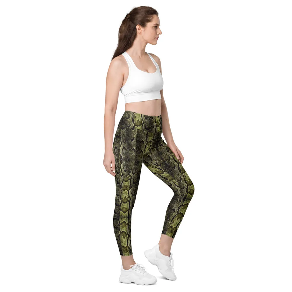 Light Green Snake Tights, Women's 7/8 Leggings With 2 Side Pockets - Made in USA/EU/MX