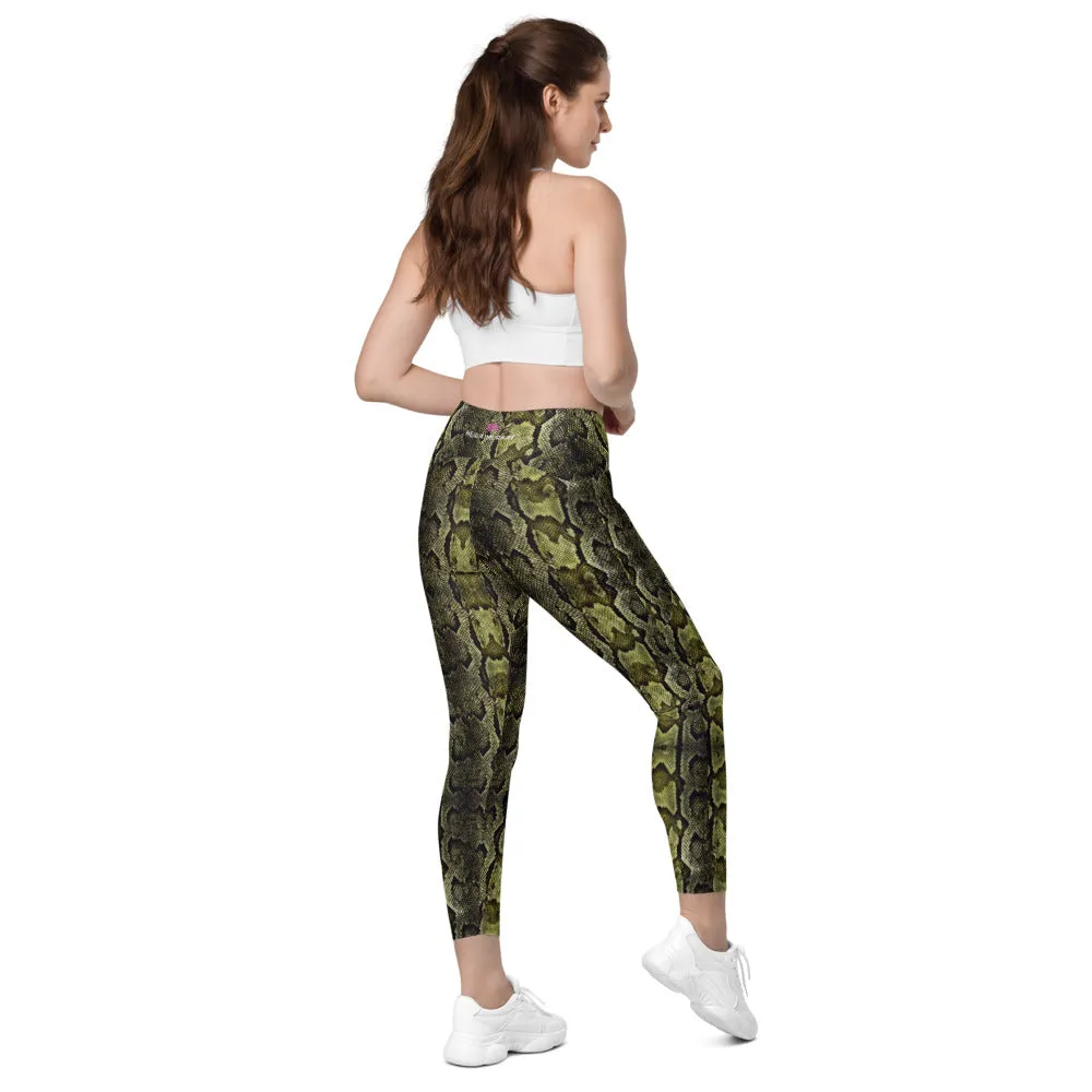 Light Green Snake Tights, Women's 7/8 Leggings With 2 Side Pockets - Made in USA/EU/MX