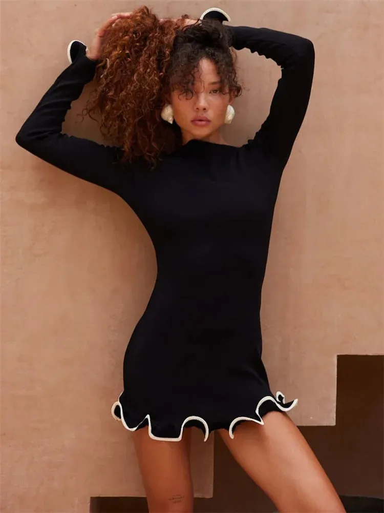 Long Sleeve Knit Charming Ruffled Trim Mini Dress
