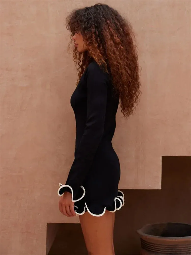 Long Sleeve Knit Charming Ruffled Trim Mini Dress