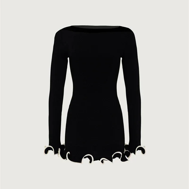 Long Sleeve Knit Charming Ruffled Trim Mini Dress