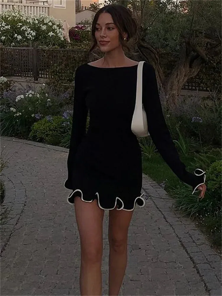 Long Sleeve Knit Charming Ruffled Trim Mini Dress