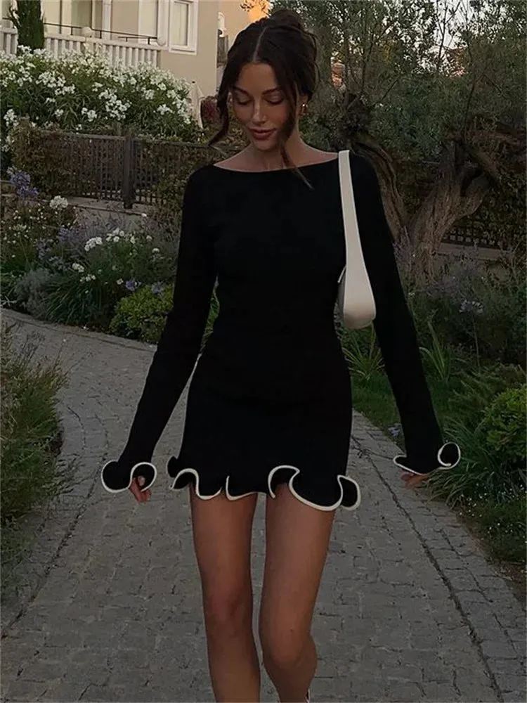 Long Sleeve Knit Charming Ruffled Trim Mini Dress
